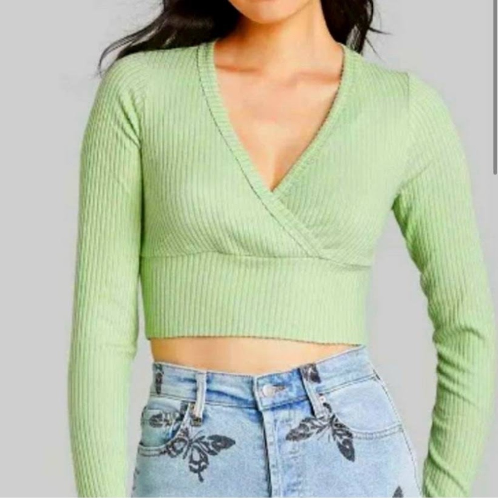 Women Long Sleeve Green Crop Top